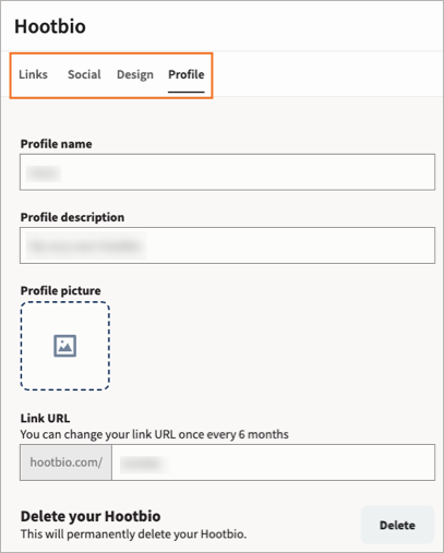 Example Hootbio settings with Links, Social, Design, and Profile highlighted.