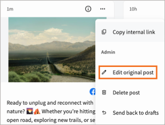 Parliament post options for Content admins, with Edit original post highlighted.