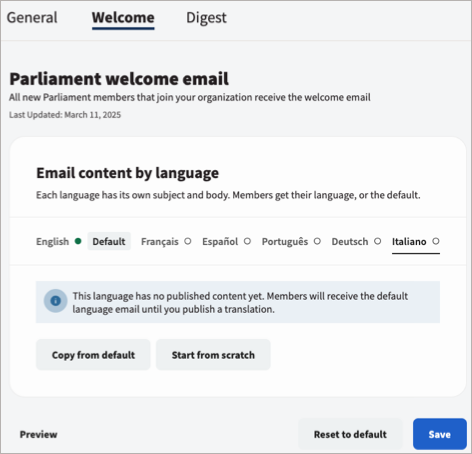 The Welcome tab of the Email customization settings, showing email content by language.