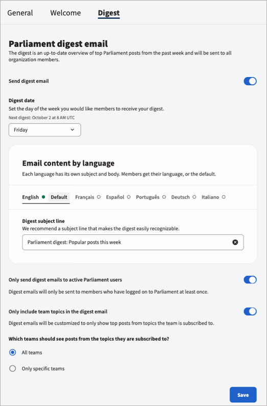 Parliament digest email settings with customization options.